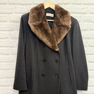 VTG Calvin Klein 100% Merino Wool Trench Coat Fur Collar Charcoal Woman's Sz 12